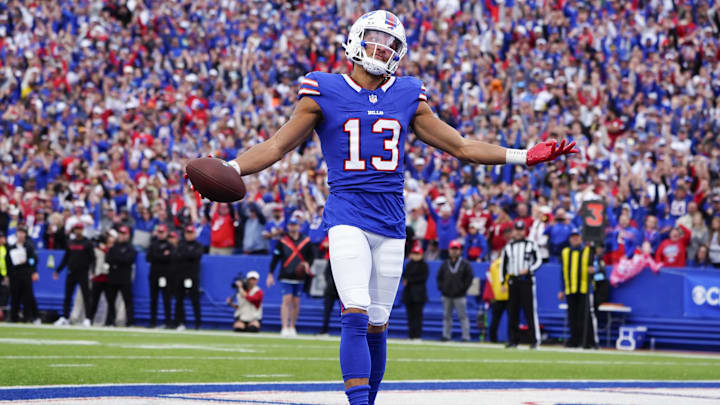 Sep 8, 2024; Buffalo Bills wide receiver Mack Hollins (13) reacts to scoring a touchdown. Sep 8, 2024; Buffalo Bills wide receiver Mack Hollins (13) reacts to scoring a touchdown.
