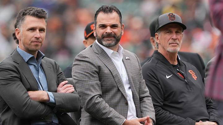 Apr 25, 2026; San Francisco, California, USA; San Francisco Giants general manager Zack Minasian (center) sits with president of baseball operation Buster Posey (left) and special assistant to baseball operations Ron Wotus (right) before the game against the Miami Marlins at Oracle Park. Mandatory Credit: Darren Yamashita-Imagn Images Apr 25, 2026; San Francisco, California, USA; San Francisco Giants general manager Zack Minasian (center) sits with president of baseball operation Buster Posey (left) and special assistant to baseball operations Ron Wotus (right) before the game against the Miami Marlins at Oracle Park. Mandatory Credit: Darren Yamashita-Imagn Images