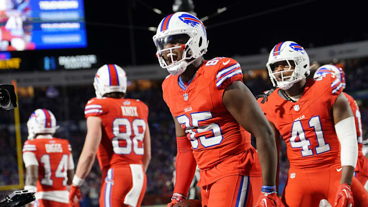 Oct 15, 2023; Orchard Park, New York, USA; Buffalo Bills tight end Quintin Morris (85) reacts to scoring a touchdown against the New York Giants during the second half at Highmark Stadium. Mandatory Credit: Gregory Fisher-USA TODAY Sports
