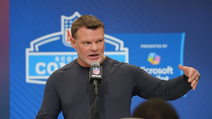 Indianapolis Colts general manager Chris Ballard speaks to the media during the 2025 NFL draft.