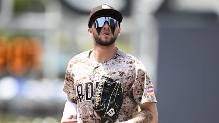 Jun 22, 2025; San Diego, California, USA; San Diego Padres outfielder Jackson Merrill (3) comes off the field during the third inning against the Kansas City Royals at Petco Park. Mandatory Credit: Denis Poroy-Imagn Images