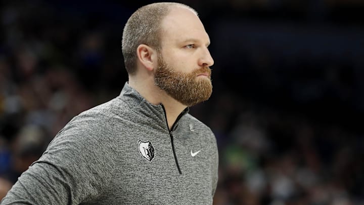 Feb 28, 2024; Minneapolis, Minnesota, USA; Memphis Grizzlies head coach Taylor Jenkins directs his