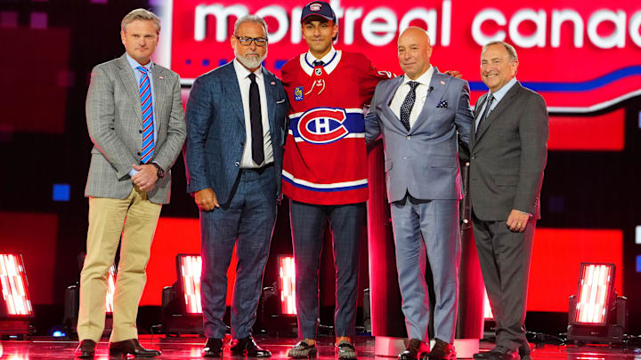 Jun 28, 2024; Las Vegas, Nevada, USA; Michael Hage is selected by the Montreal Canadiens with the 21st overall pick in the first round of the 2024 NHL Draft at The Sphere. Mandatory Credit: Stephen R. Sylvanie-Imagn Images