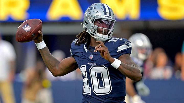 Dallas Cowboys quarterback Joe Milton III throws a pass during the first half against the Los Angeles Rams. Dallas Cowboys quarterback Joe Milton III throws a pass during the first half against the Los Angeles Rams.