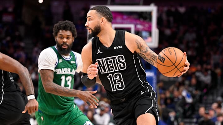 Jan 12, 2026; Dallas, Texas, USA; Brooklyn Nets guard Tyrese Martin (13) brings the ball up court past Dallas Mavericks forward Naji Marshall (13) during the second half at the American Airlines Center. Mandatory Credit: Jerome Miron-Imagn Images Jan 12, 2026; Dallas, Texas, USA; Brooklyn Nets guard Tyrese Martin (13) brings the ball up court past Dallas Mavericks forward Naji Marshall (13) during the second half at the American Airlines Center. Mandatory Credit: Jerome Miron-Imagn Images