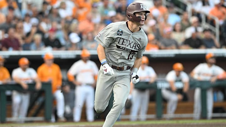 Texas A&M Aggies left fielder Caden Sorrell (13) drives in a run against the Tennessee Volunteers during the first inning at Charles Schwab Field Omaha. Texas A&M Aggies left fielder Caden Sorrell (13) drives in a run against the Tennessee Volunteers during the first inning at Charles Schwab Field Omaha.