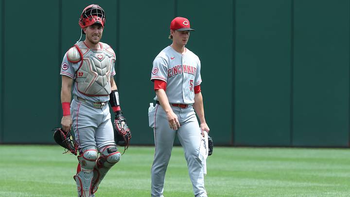 Jun 28, 2026; Pittsburgh, Pennsylvania, USA;  Cincinnati Reds catcher Tyler Stephenson (37) and starting pitcher Brady Singer (51) make their way in from the bullpen to play the Pittsburgh Pirates at PNC Park. Mandatory Credit: Charles LeClaire-Imagn Images
