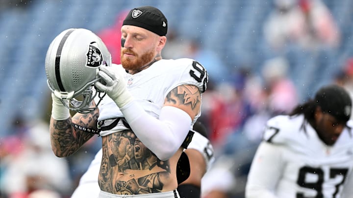 Sep 7, 2025; Foxborough, Massachusetts, USA; Las Vegas Raiders defensive end Maxx Crosby (98) practices before the game against the New England Patriots at Gillette Stadium. Mandatory Credit: Brian Fluharty-Imagn Images