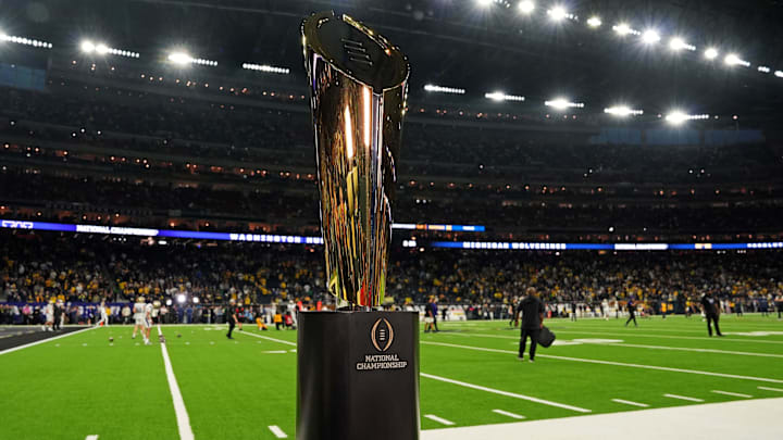 Jan 8, 2024; Houston, TX, USA; A view of the CFP Trophy before the 2024 College Football Playoff national championship game between the Michigan Wolverines and the Washington Huskies at NRG Stadium. Mandatory Credit: Kirby Lee-USA TODAY Sports
