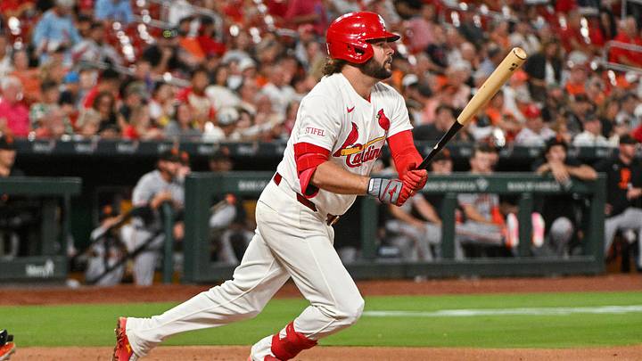 Sep 14, 2026; St. Louis, Missouri, USA; St. Louis Cardinals first baseman Alec Burleson (41) hits a single against the San Francisco Giants during the third inning at Busch Stadium. Mandatory Credit: Jeff Curry-Imagn Images Sep 14, 2026; St. Louis, Missouri, USA; St. Louis Cardinals first baseman Alec Burleson (41) hits a single against the San Francisco Giants during the third inning at Busch Stadium. Mandatory Credit: Jeff Curry-Imagn Images