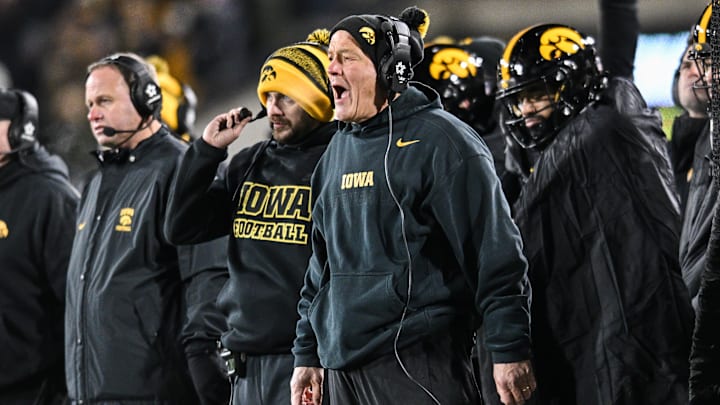 Nov 29, 2024; Iowa City, Iowa, USA; Iowa Hawkeyes head coach Kirk Ferentz reacts during the second quarter against the Nebraska Cornhuskers at Kinnick Stadium. Mandatory Credit: Jeffrey Becker-Imagn Images