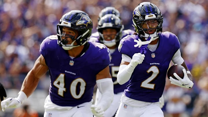 Sep 14, 2025; Baltimore, Maryland, USA; Baltimore Ravens cornerback Nate Wiggins (2) returns an interception during the second half against the Cleveland Browns at M&T Bank Stadium. Mandatory Credit: Peter Casey-Imagn Images Sep 14, 2025; Baltimore, Maryland, USA; Baltimore Ravens cornerback Nate Wiggins (2) returns an interception during the second half against the Cleveland Browns at M&T Bank Stadium. Mandatory Credit: Peter Casey-Imagn Images