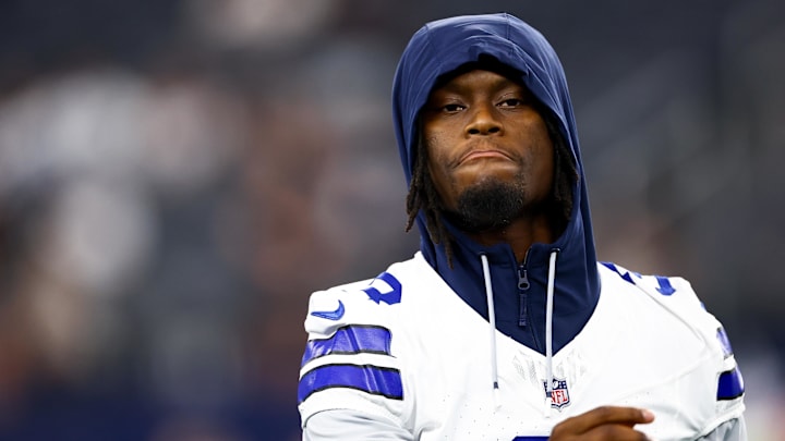 Aug 22, 2025; Arlington, Texas, USA; Dallas Cowboys wide receiver George Pickens (3) before the game against the Atlanta Falcons at AT&T Stadium. Mandatory Credit: Kevin Jairaj-Imagn Images