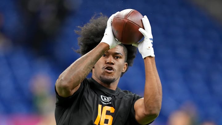 Feb 28, 2026; Indianapolis, IN, USA; Texas A&M wideout KC Concepcion (WO16) during the NFL Scouting Combine at Lucas Oil Stadium. Mandatory Credit: Kirby Lee-Imagn Images