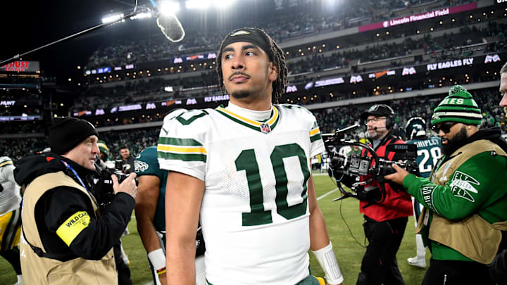 Jan 12, 2025; Philadelphia, Pennsylvania, USA; Green Bay Packers quarterback Jordan Love (10) on the field after loss to the Philadelphia Eagles in an NFC wild card game at Lincoln Financial Field. Mandatory Credit: Eric Hartline-Imagn Images