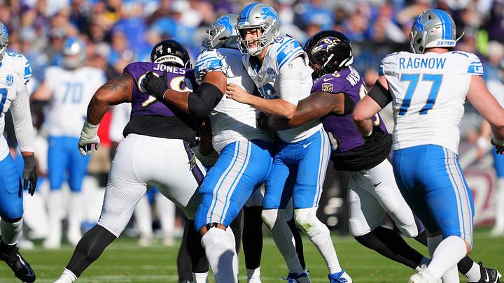 Oct 22, 2023; Baltimore, Maryland, USA; Baltimore Ravens tackle Broderick Washington (96) sacks Detroit Lions quarterback Jared Goff (16) in the fourth quarter at M&T Bank Stadium. Mandatory Credit: Mitch Stringer-USA TODAY Sports Oct 22, 2023; Baltimore, Maryland, USA; Baltimore Ravens tackle Broderick Washington (96) sacks Detroit Lions quarterback Jared Goff (16) in the fourth quarter at M&T Bank Stadium. Mandatory Credit: Mitch Stringer-USA TODAY Sports
