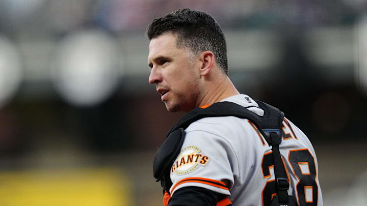 Sep 24, 2021; Denver, Colorado, USA; San Francisco Giants catcher Buster Posey (28) looks to towards