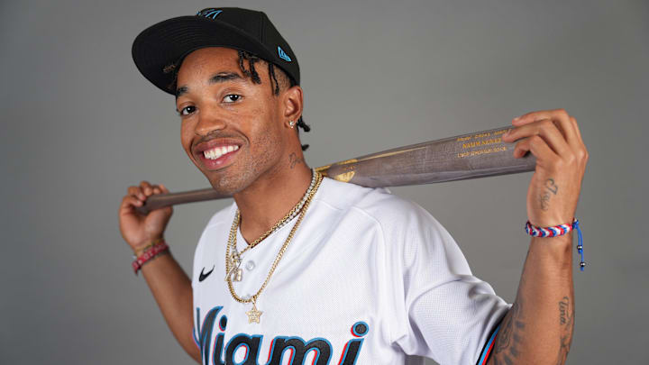 Feb 22, 2023; Jupiter, FL, USA;  Miami Marlins infielder Nasim Nunez (86) poses for a photo during