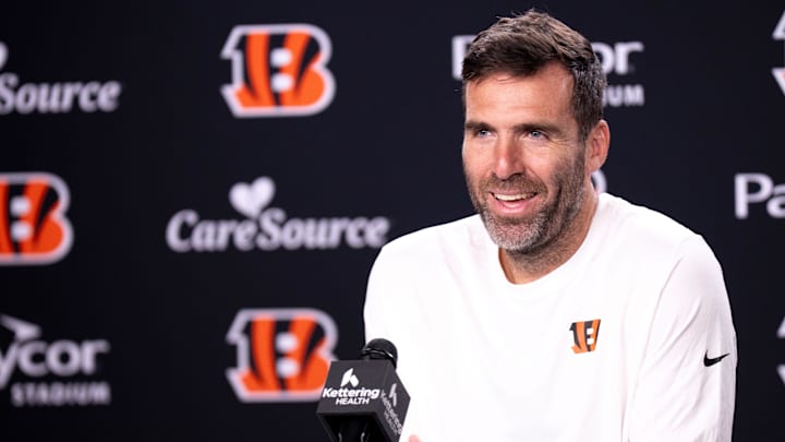 Bengals quarterback Joe Flacco speaks to the media during a press conference in Cincinnati on Oct. 10, 2025.