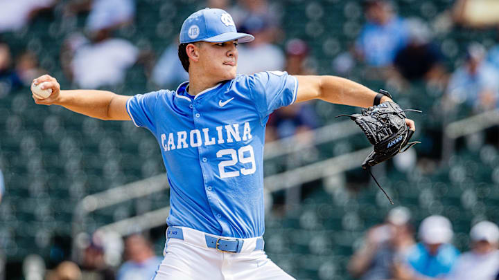 May 23, 2024; Charlotte, NC, USA; North Carolina Tar Heels pitcher Jason DeCaro (29) pitches during the second inning against the Pittsburgh Panthers during the ACC Baseball Tournament at Truist Field. Mandatory Credit: Scott Kinser-Imagn Images