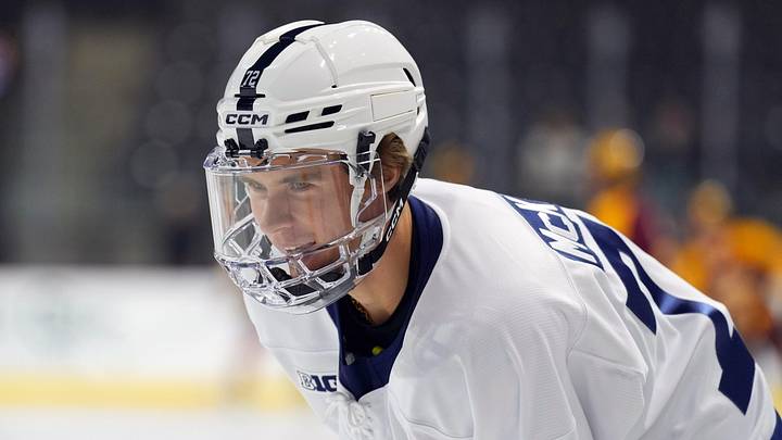 Oct 4, 2025; Tempe, AZ, USA; Penn State Nittany Lions forward Gavin McKenna (72) warms up before the game against the Arizona State Sun Devils at Mullett Arena. Mandatory Credit: Joe Camporeale-Imagn Images
