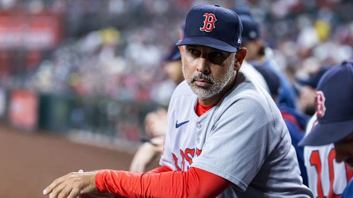 Sep 7, 2025; Phoenix, Arizona, USA; Boston Red Sox manager Alex Cora against the Arizona Diamondbacks at Chase Field. Mandatory Credit: Mark J. Rebilas-Imagn Images Sep 7, 2025; Phoenix, Arizona, USA; Boston Red Sox manager Alex Cora against the Arizona Diamondbacks at Chase Field. Mandatory Credit: Mark J. Rebilas-Imagn Images