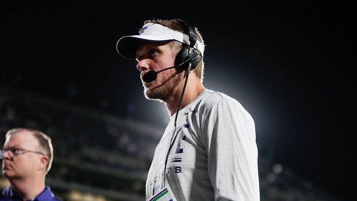 Kansas State Wildcats head coach Collin Klein talks to radio after a 71-3 victory over Nicholls Colonels inside Bill Snyder Family Stadium on Sept. 5, 2026.