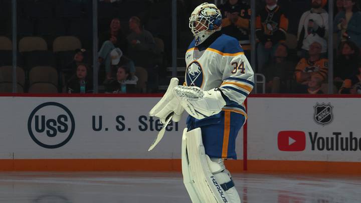 Sep 21, 2026; Pittsburgh, Pennsylvania, USA;  Buffalo Sabres goaltender Alex Lyon (34) takes the ice to play the Pittsburgh Penguins at PPG Paints Arena.  Mandatory Credit: Charles LeClaire-Imagn Images