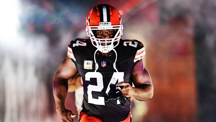 Nov 21, 2024; Cleveland, Ohio, USA; Cleveland Browns running back Nick Chubb (24) is introduced before the game between the Browns and the Pittsburgh Steelers at Huntington Bank Field. Mandatory Credit: Ken Blaze-Imagn Images