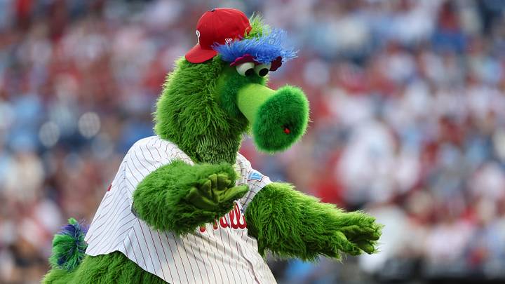 Oct 6, 2025; Philadelphia, Pennsylvania, USA; Philadelphia Phillies mascot Phillie Phanatic performs prior to game two of the NLDS round between the Philadelphia Phillies and the Los Angeles Dodgers for the 2025 MLB playoffs at Citizens Bank Park. Oct 6, 2025; Philadelphia, Pennsylvania, USA; Philadelphia Phillies mascot Phillie Phanatic performs prior to game two of the NLDS round between the Philadelphia Phillies and the Los Angeles Dodgers for the 2025 MLB playoffs at Citizens Bank Park.