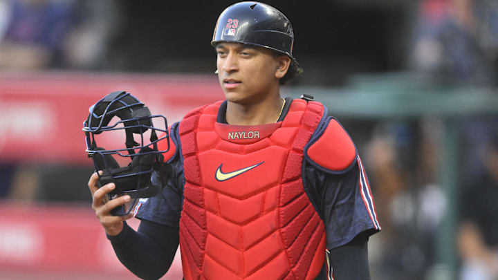 Sep 18, 2024; Cleveland, Ohio, USA; Cleveland Guardians catcher Bo Naylor (23) walks on the field in the first inning against the Minnesota Twins at Progressive Field. Mandatory Credit: David Richard-Imagn Images