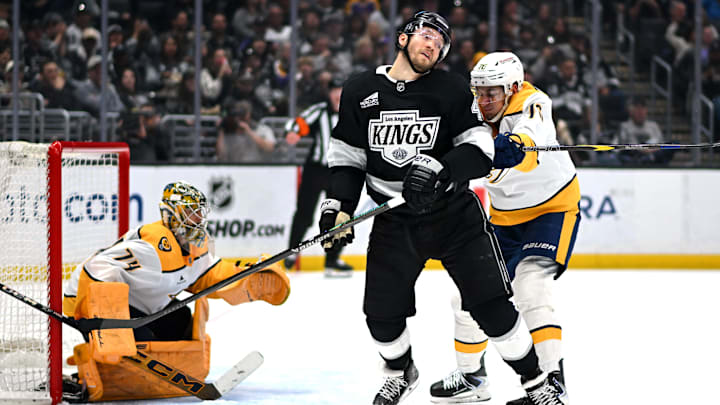 Apr 2, 2026; Los Angeles, California, USA; Nashville Predators defenseman Brady Skjei (76) pushes Los Angeles Kings right wing Joel Armia (40) during the second period at Crypto.com Arena. Mandatory Credit: Griffin Hooper-Imagn Images