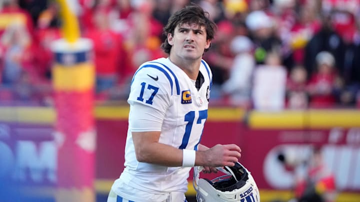 Nov 23, 2025; Kansas City, Missouri, USA; Indianapolis Colts quarterback Daniel Jones (17) looks on in the second half against the Kansas City Chiefs at GEHA Field at Arrowhead Stadium. Nov 23, 2025; Kansas City, Missouri, USA; Indianapolis Colts quarterback Daniel Jones (17) looks on in the second half against the Kansas City Chiefs at GEHA Field at Arrowhead Stadium.