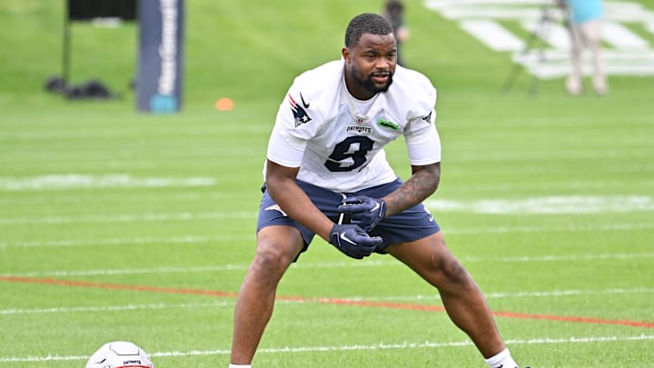 Jun 9, 2025; Foxborough, MA, USA; New England Patriots wide receiver Kayshon Boutte (9) warms up during minicamp at Gillette Stadium. Mandatory Credit: Eric Canha-Imagn Images