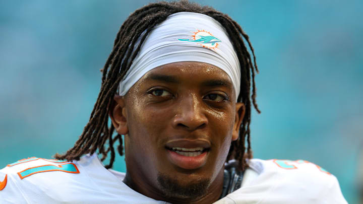 Sep 14, 2025; Miami Gardens, Florida, USA; Miami Dolphins running back Ollie Gordon II (31) looks on before a game against the New England Patriots at Hard Rock Stadium. Mandatory Credit: Nathan Ray Seebeck-Imagn Images