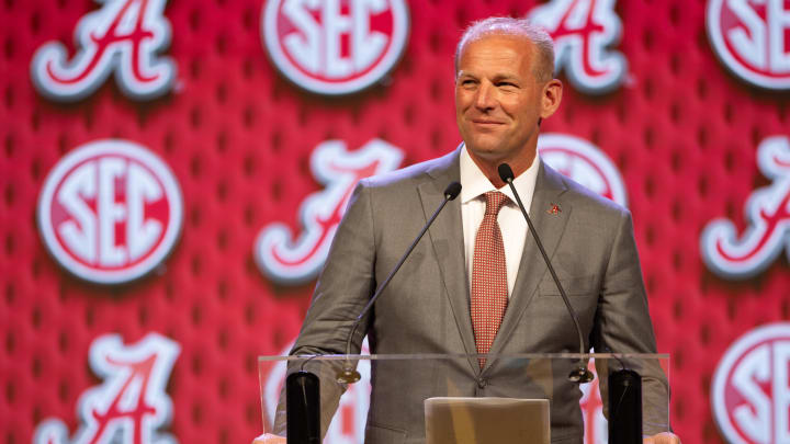 Jul 17, 2024; Dallas, TX, USA; Alabama head coach Kalen DeBoer speaking at Omni Dallas Hotel. Mandatory Credit: Brett Patzke-USA TODAY Sports