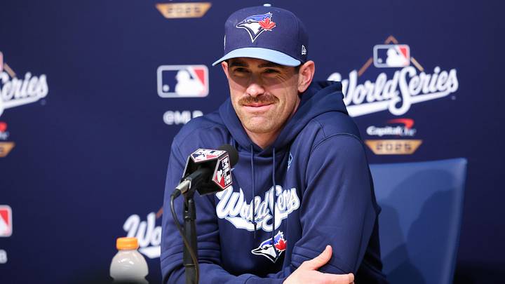 Toronto Blue Jays pitcher Shane Bieber (57) speaks at the postgame press conference. Toronto Blue Jays pitcher Shane Bieber (57) speaks at the postgame press conference.