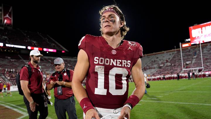 Oklahoma Sooners quarterback John Mateer (10) walks off the field after a college football game between the University of Oklahoma Sooners (OU) and the New Mexico Lobos at Gaylord Family-Oklahoma Memorial Stadium in Norman, Okla., Saturday, Sept. 19, 2026. Oklahoma won 14-6.