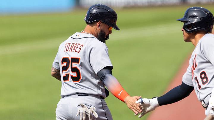Jun 13, 2026; Cleveland, Ohio, USA; Detroit Tigers second baseman Gleyber Torres (25) is congratulated by designated hitter Jahmai Jones (18) for his score against the Cleveland Guardians during the first inning at Progressive Field. Mandatory Credit: Scott Galvin-Imagn Images Jun 13, 2026; Cleveland, Ohio, USA; Detroit Tigers second baseman Gleyber Torres (25) is congratulated by designated hitter Jahmai Jones (18) for his score against the Cleveland Guardians during the first inning at Progressive Field. Mandatory Credit: Scott Galvin-Imagn Images