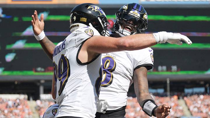 Oct 1, 2023; Cleveland, Ohio, USA; Baltimore Ravens tight end Mark Andrews (89) and quarterback Lamar Jackson (8) celebrate after Andrews caught a touchdown from Jackson during the first half at Cleveland Browns Stadium. Mandatory Credit: Ken Blaze-USA TODAY Sports