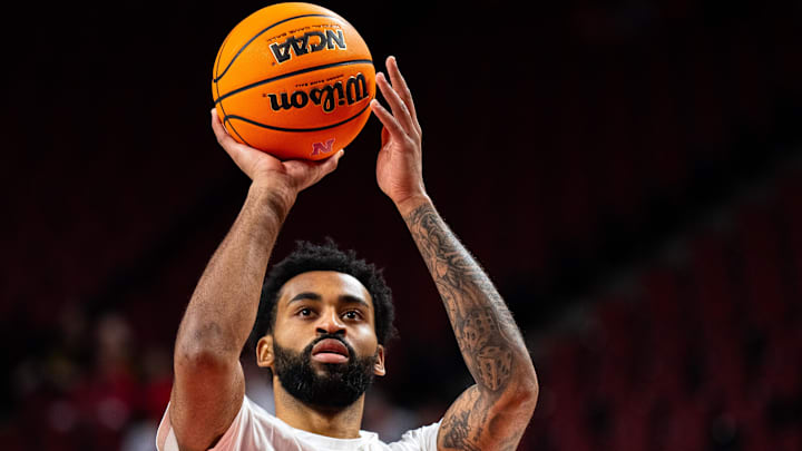 Mar 9, 2025; Lincoln, Nebraska, USA; Nebraska Cornhuskers guard Brice Williams (3) warms up before the game against the Iowa Hawkeyes at Pinnacle Bank Arena. Mandatory Credit: Dylan Widger-Imagn Images