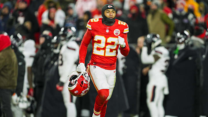 Jan 18, 2025; Kansas City, Missouri, USA; Kansas City Chiefs cornerback Trent McDuffie (22) reacts during the second half against Houston Texans in a 2025 AFC divisional round game at GEHA Field at Arrowhead Stadium. Mandatory Credit: Jay Biggerstaff-Imagn Images