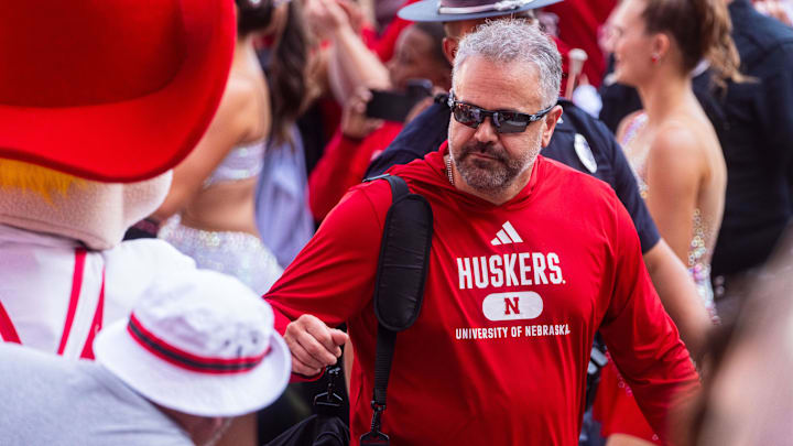 Sep 7, 2024; Lincoln, Nebraska, USA; Nebraska Cornhuskers head coach Matt Rhule before the game against the Colorado Buffaloes at Memorial Stadium. 