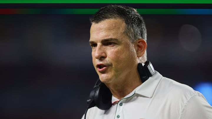 Sep 27, 2024; Miami Gardens, Florida, USA; Miami Hurricanes head coach Mario Cristobal looks on against the Virginia Tech Hokies during the third quarter at Hard Rock Stadium. Mandatory Credit: Sam Navarro-Imagn Images