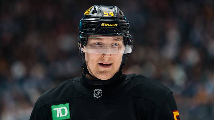 Jan 31, 2026; Vancouver, British Columbia, CAN; Vancouver Canucks forward Aatu Raty (54) during a stop in play against the Toronto Maple Leafs in the second period at Rogers Arena. Mandatory Credit: Bob Frid-Imagn Images