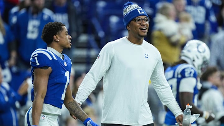 Indianapolis Colts quarterback Anthony Richardson (5) talks to Indianapolis Colts wide receiver Josh Downs (1) on Sunday, Jan. 5, 2025, during pregame warm-up at Lucas Oil Stadium in Indianapolis. Indianapolis Colts quarterback Anthony Richardson (5) talks to Indianapolis Colts wide receiver Josh Downs (1) on Sunday, Jan. 5, 2025, during pregame warm-up at Lucas Oil Stadium in Indianapolis.