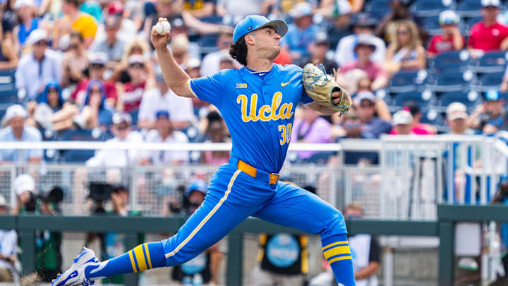 Jun 14, 2025; Omaha, Neb, USA; UCLA Bruins pitcher August Souza (30) pitches against the Murray State Racers during the seventh inning at Charles Schwab Field. Mandatory Credit: Dylan Widger-Imagn Images