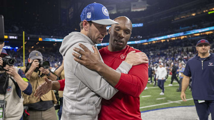 Jan 6, 2024; Indianapolis, Indiana, USA; Houston Texans head coach DeMeco Ryans shares an embrace