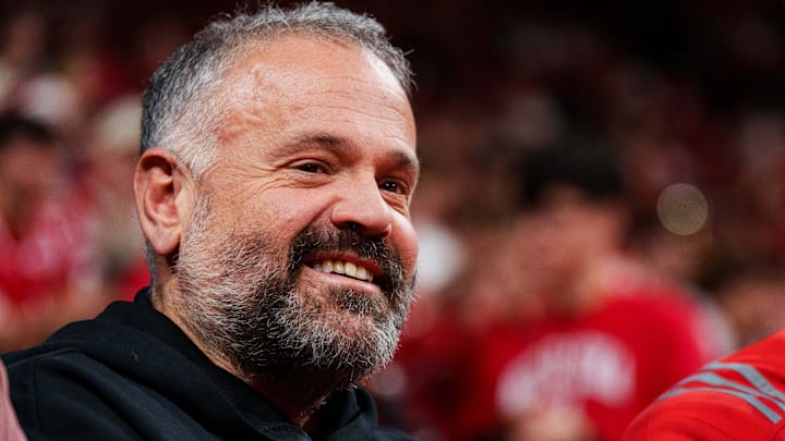 Dec 7, 2025; Lincoln, Nebraska, USA; Nebraska Cornhuskers football head coach Matt Rhule watches during the second half against the Creighton Bluejays at Pinnacle Bank Arena. Mandatory Credit: Dylan Widger-Imagn Images Dec 7, 2025; Lincoln, Nebraska, USA; Nebraska Cornhuskers football head coach Matt Rhule watches during the second half against the Creighton Bluejays at Pinnacle Bank Arena. Mandatory Credit: Dylan Widger-Imagn Images