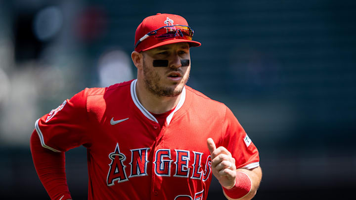 Apr 30, 2025; Seattle, Washington, USA;  Los Angeles Angels right fielder Mike Trout (27) jogs off the field before a game against the Seattle Mariners at T-Mobile Park. Mandatory Credit: Stephen Brashear-Imagn Images